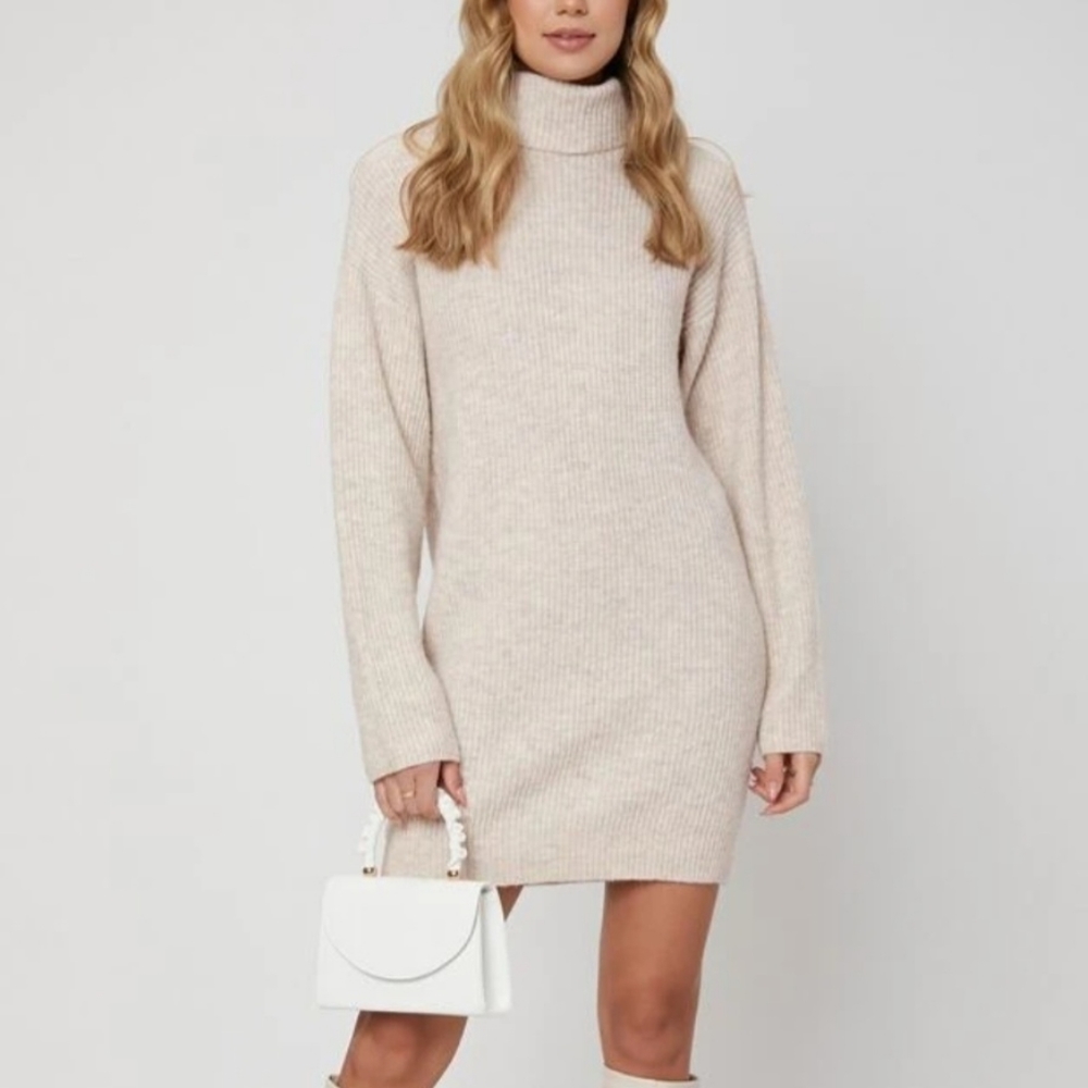 MOFT Apricot Oatmeal Colored Oversized Turtleneck Sweater Dress - Size S…
